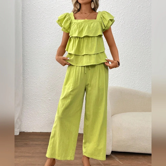 Solid Square Neck Top And Straight Pants Summer Casual Set - Picture 2 of 6